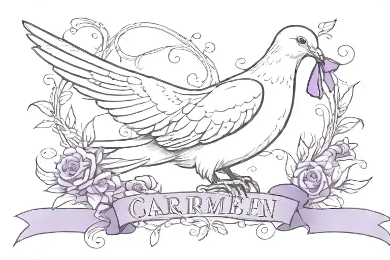 A sketch tattoo of a dove carrying a purple ribbon in its beak, symbolizing peace, love, and your faith, with the name 'Carmen' subtly incorporated in the design tattoo design idea