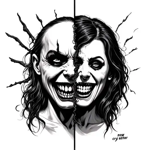split personality ego tripping laugh now cry later horror theme tattoo tattoo design idea