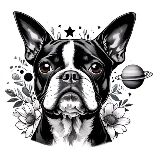 Boston terrier and planets and stars and flowers tattoo design idea