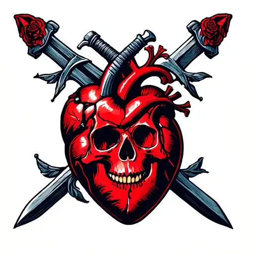 double edged sword anaotmicly correct heart and skull peirced through tattoo design idea
