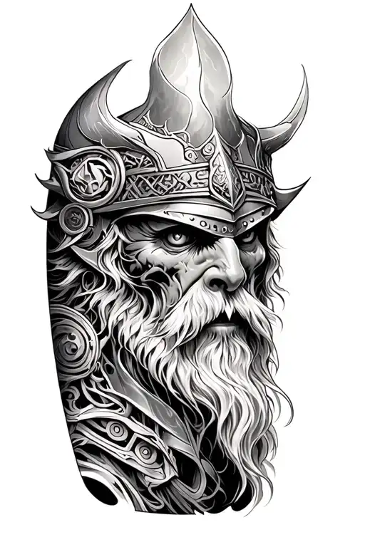 bio mechanical sleeve with norse mythology tattoo design idea