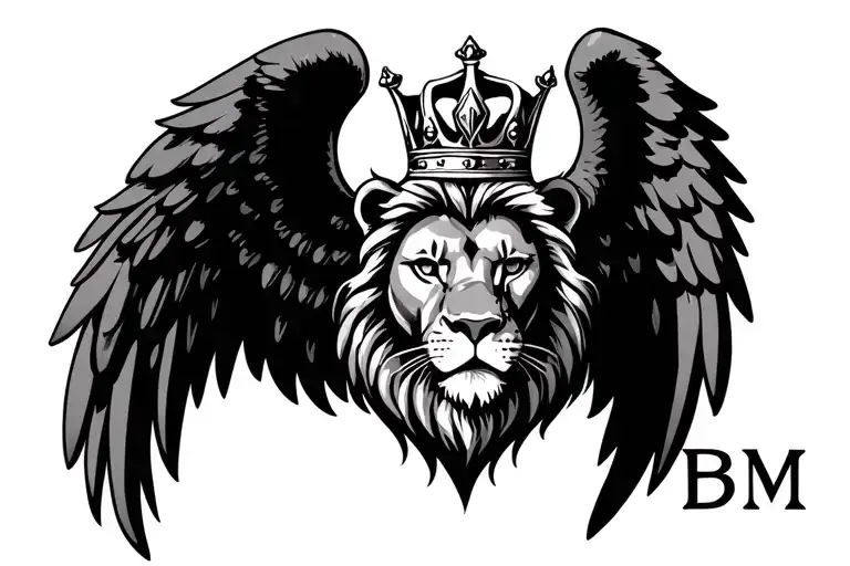 heart of a lion head wearing a crown inside wings,  initials B D M,  tattoo design idea