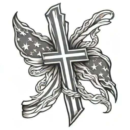 American flag waving cross intertwined tattoo design idea