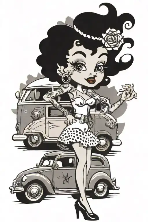 Betty Boop on Route 66 with a 1960s Volkswagen van in the background tattoo design idea