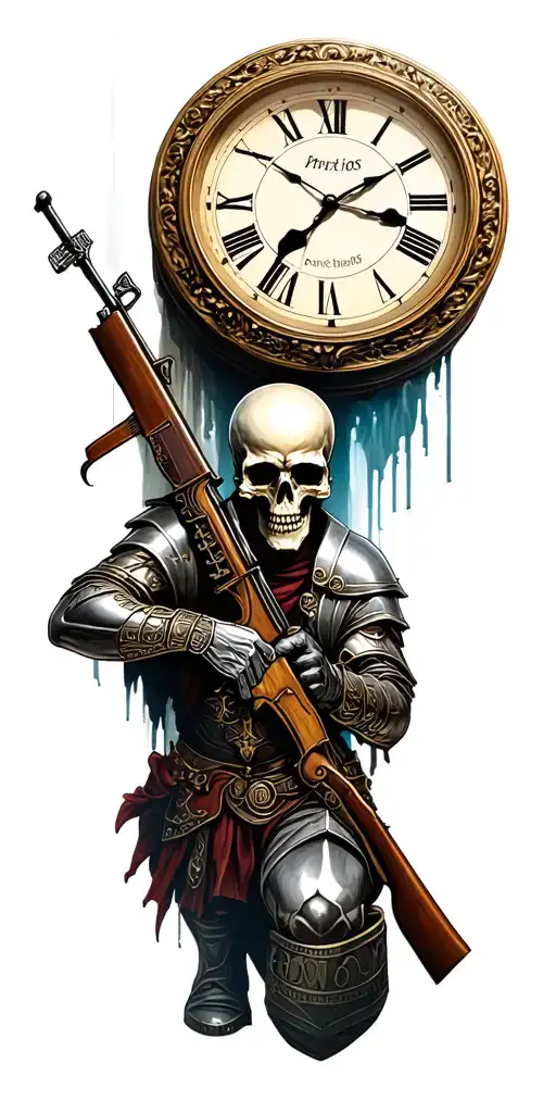 kneeled crusader holding a rifle morphing, hour glass with a descentagrading skull, time piece with the time 7:05 tattoo design idea