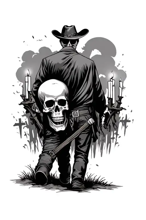 graveyard, skulls with candles, and a cowboy walking away  tattoo design idea