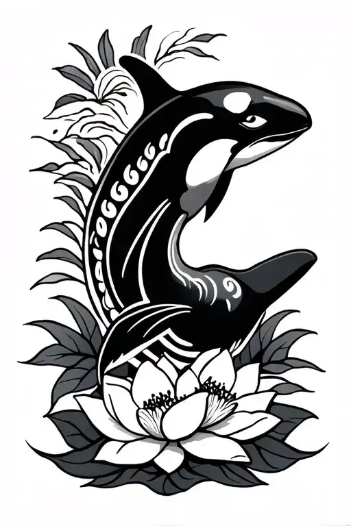 Maori tattoo with iconic and traditional symbols with an orca, a ray and two lotus flowers tattoo design idea