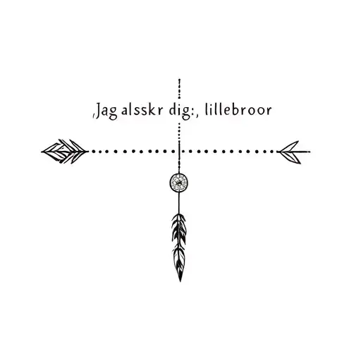 "Jag älskar dig, lillebror" morse code in a soft line boho style  hidden in the shapes of  ancient south American tribal style arrow or dreamcatcher tattoo design idea