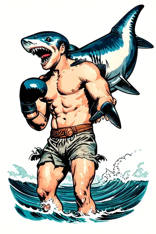 A man in boxing gloves holds a shark on his shoulder and carries it out of the sea, old-school style tattoo design idea