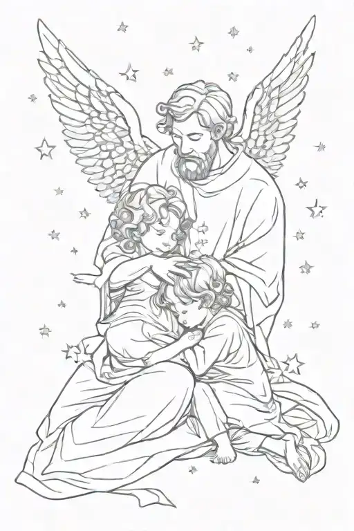 Father and baby angel stars scattered tattoo design idea