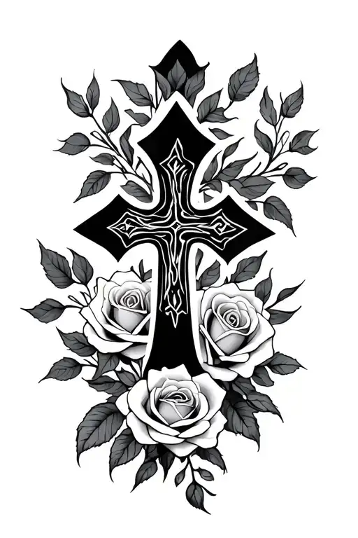 cross and roses tattoo design idea