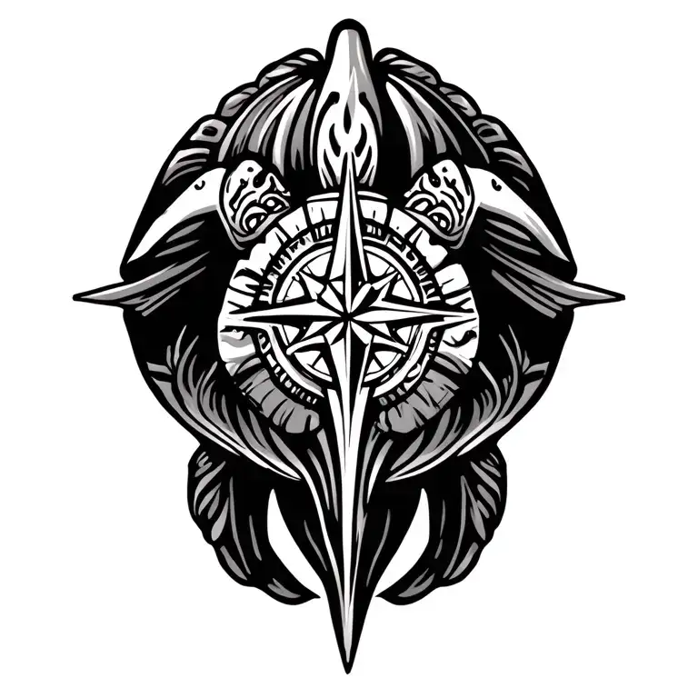 tribal Hawaiian turtle with compass in shell pattern tattoo design idea