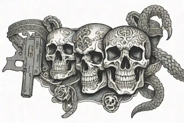 a lacey garter belt wrapped by a snake and the gaterbelt is adorned by a skull and a gun tattoo design idea