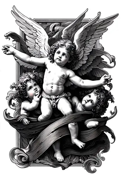 flying cherubs holding flowing banner⁴== tattoo design idea