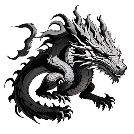 Medieval Irish fiery dragon scaling a female outer thigh tattoo idea tattoo design idea