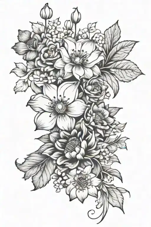 flowers intertwined with 1 poppy, 1 water lily, 2 snowdrops, 2 violets, 1 narcissus, 1 morning glory & 2 chrysanthemums  tattoo design idea
