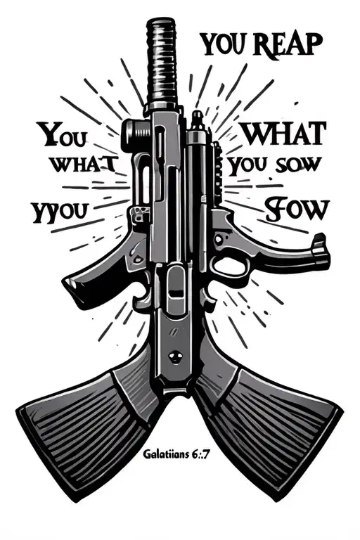 ak47 with the words you reap what you sow Galatians 6:7 tattoo design idea