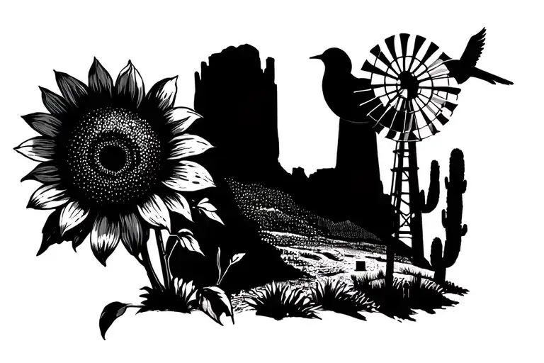 monument valley, windmill, sunflower, bluebird, cactus tattoo design idea