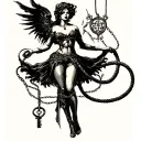 A powerful dominatrix figure with a whip and a key, surrounded by elements of bondage and control, goddess tattoo design idea