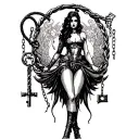 A powerful dominatrix figure with a whip and a key, surrounded by elements of bondage and control, goddess tattoo design idea