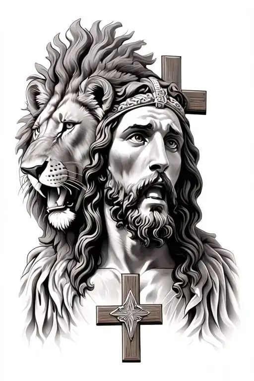 Jesus with cross and lion roaring tattoo design idea