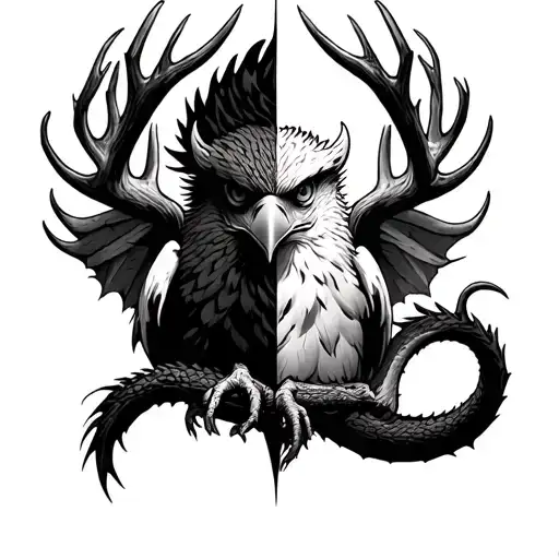 create tattoo with half black and half white eagle face, deer antlers, dragon wings and a dragon tail coming from behind tattoo design idea