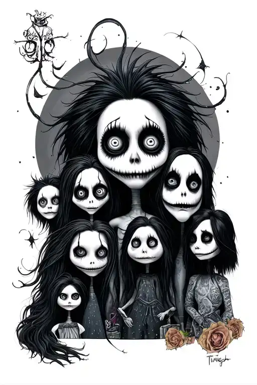 leg sleeve tattoo featuring tim burton characters tattoo design idea