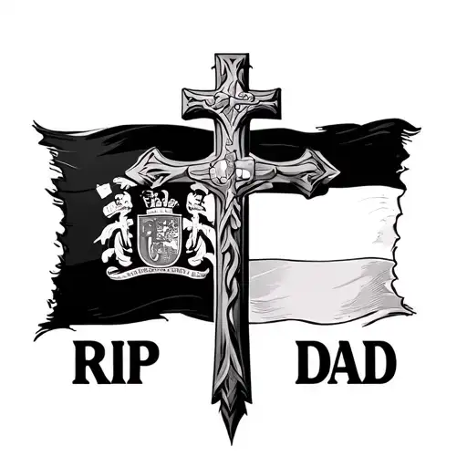large cross in foreground with the flag of Galicia Spain in the background with “Rip Dad” written under all of this in b tattoo design idea