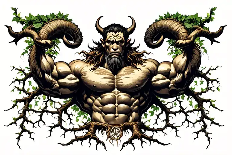 muscular male nature satyr heavyset bodybuilder muscles, vines and tree roots tribal pattern nature runic tattoo design idea