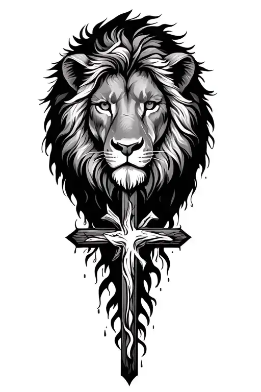 a pickture of a lion in the top left and a lamb on the top  right  with a cross going down the middle  tattoo design idea