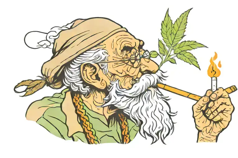 old man, smoking weed, reggae color scheme tattoo design idea