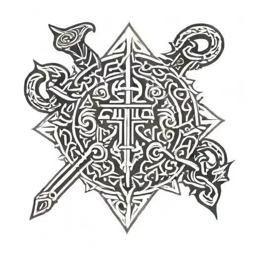 Viking themed symbols. A simple design with no exaggeration. it could be “tyrfing in sword”  very simple and small embro tattoo design idea