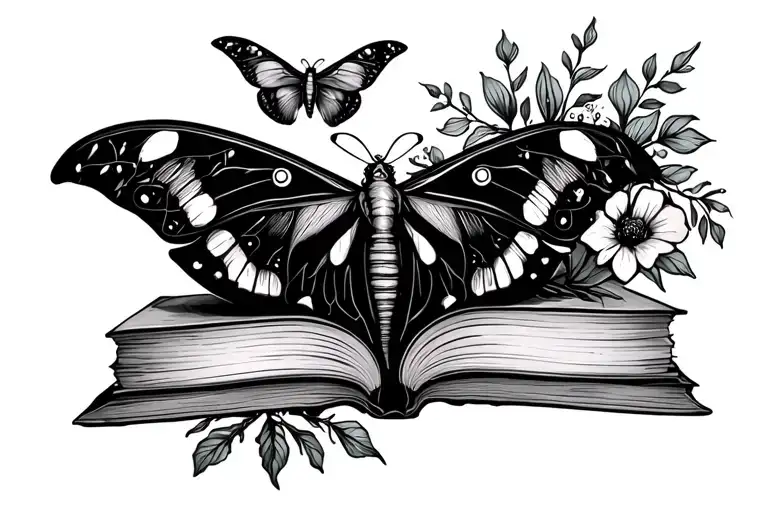 seratonin molecule tattoo with florals, Luna moth, and book stack. must be shaped like the molecule  tattoo design idea