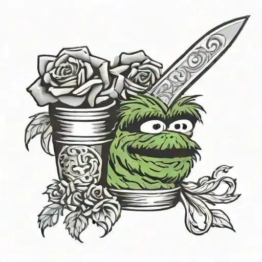 oscar the grouch roses knife tattoo design idea