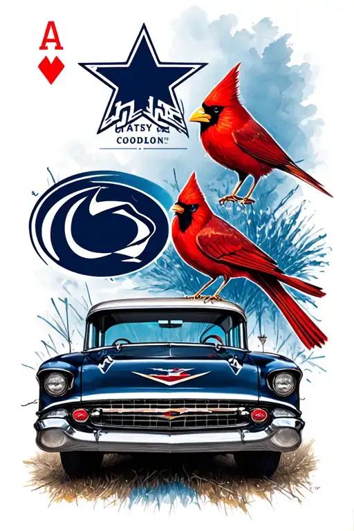 playing cards, Dallas cowboys, darts, red cardinal, 1957 Chevy, and Penn state Nittany lions.  tattoo design idea