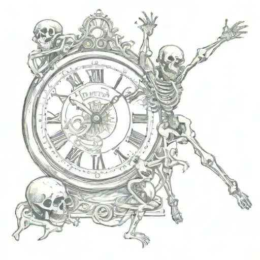 A sketch of a danse macabre scene with skeletons dancing around a clock, representing the passage of time tattoo design idea