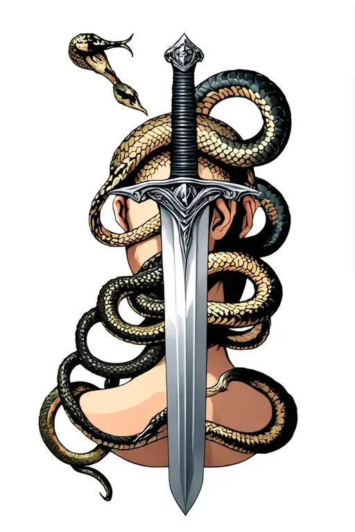 Sword down the back with somthing from the sword on the neck with snakes wrapped around the sword that go down both arms tattoo design idea