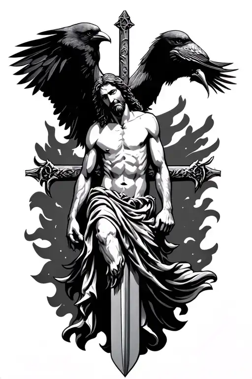 jesus on a sword cross, with crows wings and flying with claws no background tattoo design idea