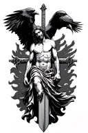 jesus on a sword cross, with crows wings and flying with claws no background tattoo design idea