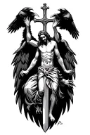 jesus on a sword cross, with crows wings and flying with claws no background tattoo design idea