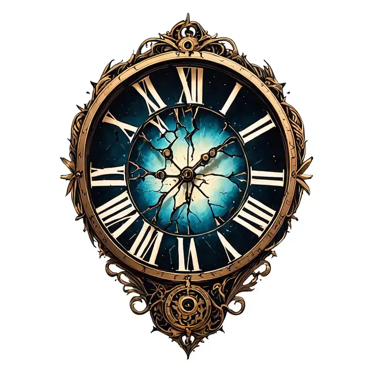 broken clock face, Roman numeral tattoo design idea