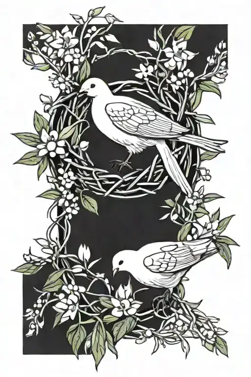 crown of thorns with olive branches and three doves tattoo design idea