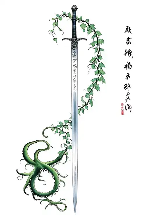 let ivy and octopus cover my entire arm, let a long samurai sword pass through the ivy, don't think, you will disappear, let it write tattoo design idea