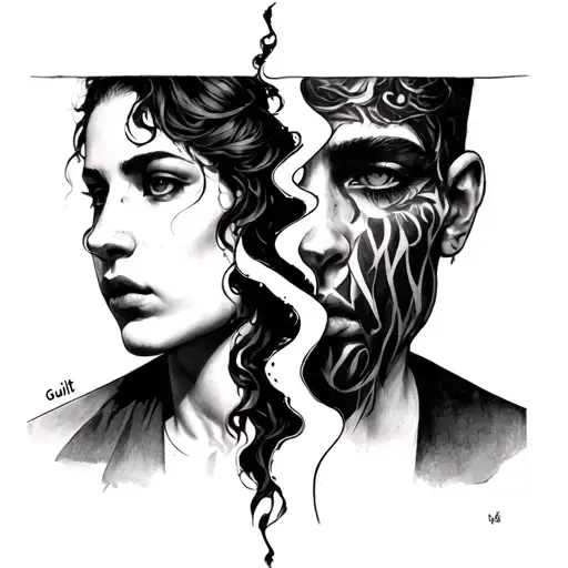 A tattoo of two faces, split down the middle, each representing a different aspect of inner conflict.Left Side (Guilt) tattoo design idea
