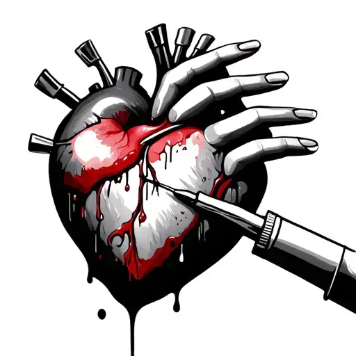hand taking blood from heart with needle tattoo design idea