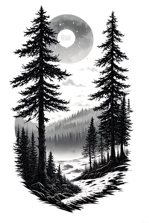 true north, music, forest scene, fine line tattoo design idea