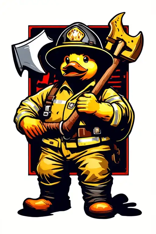 rubber duck fit firefighter holding axe tattoo design idea