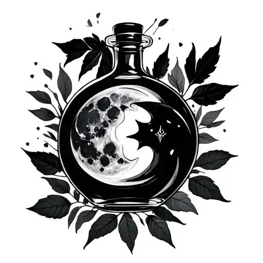 poison bottle foliage moon inside tattoo design idea