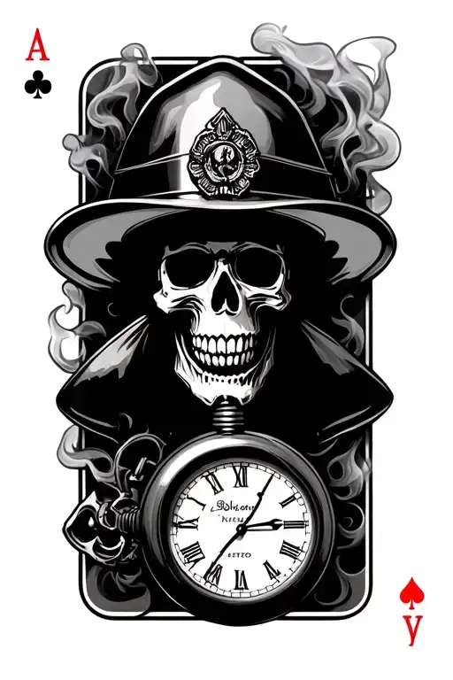firefighter theme skulls, playing cards, pocket watch, smoke  tattoo design idea