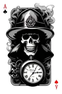 firefighter theme skulls, playing cards, pocket watch, smoke  tattoo design idea